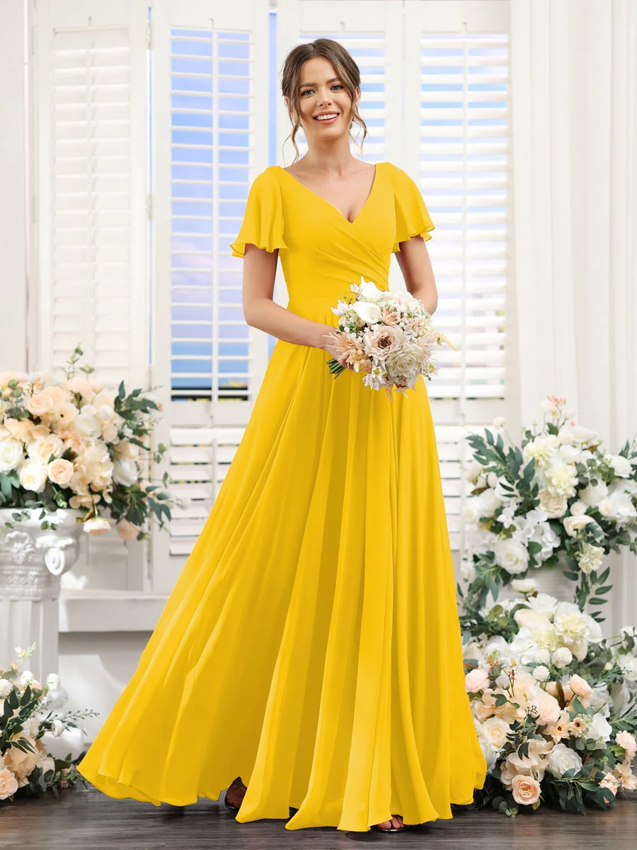 A-Line/Princess V-Neck Short Sleeves Bridesmaid Dresses with Split Side & Ruched - Image 72