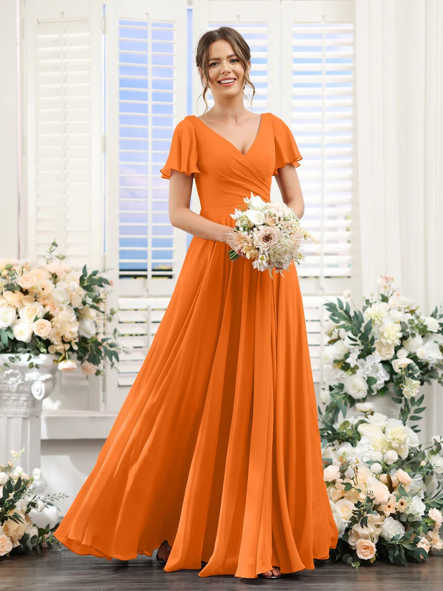 A-Line/Princess V-Neck Short Sleeves Bridesmaid Dresses with Split Side & Ruched - Image 73