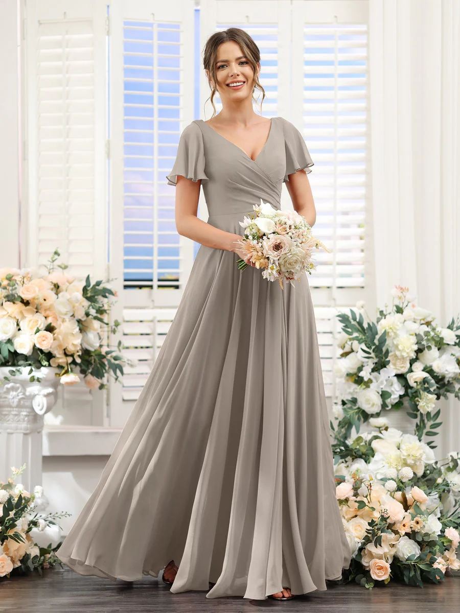 A-Line/Princess V-Neck Short Sleeves Bridesmaid Dresses with Split Side & Ruched - Image 74