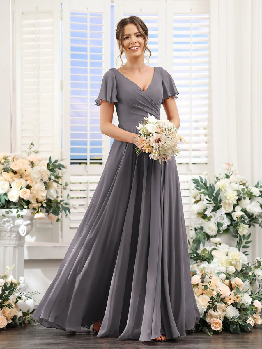 A-Line/Princess V-Neck Short Sleeves Bridesmaid Dresses with Split Side & Ruched - Image 75
