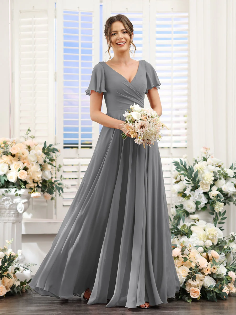 A-Line/Princess V-Neck Short Sleeves Bridesmaid Dresses with Split Side & Ruched - Image 76