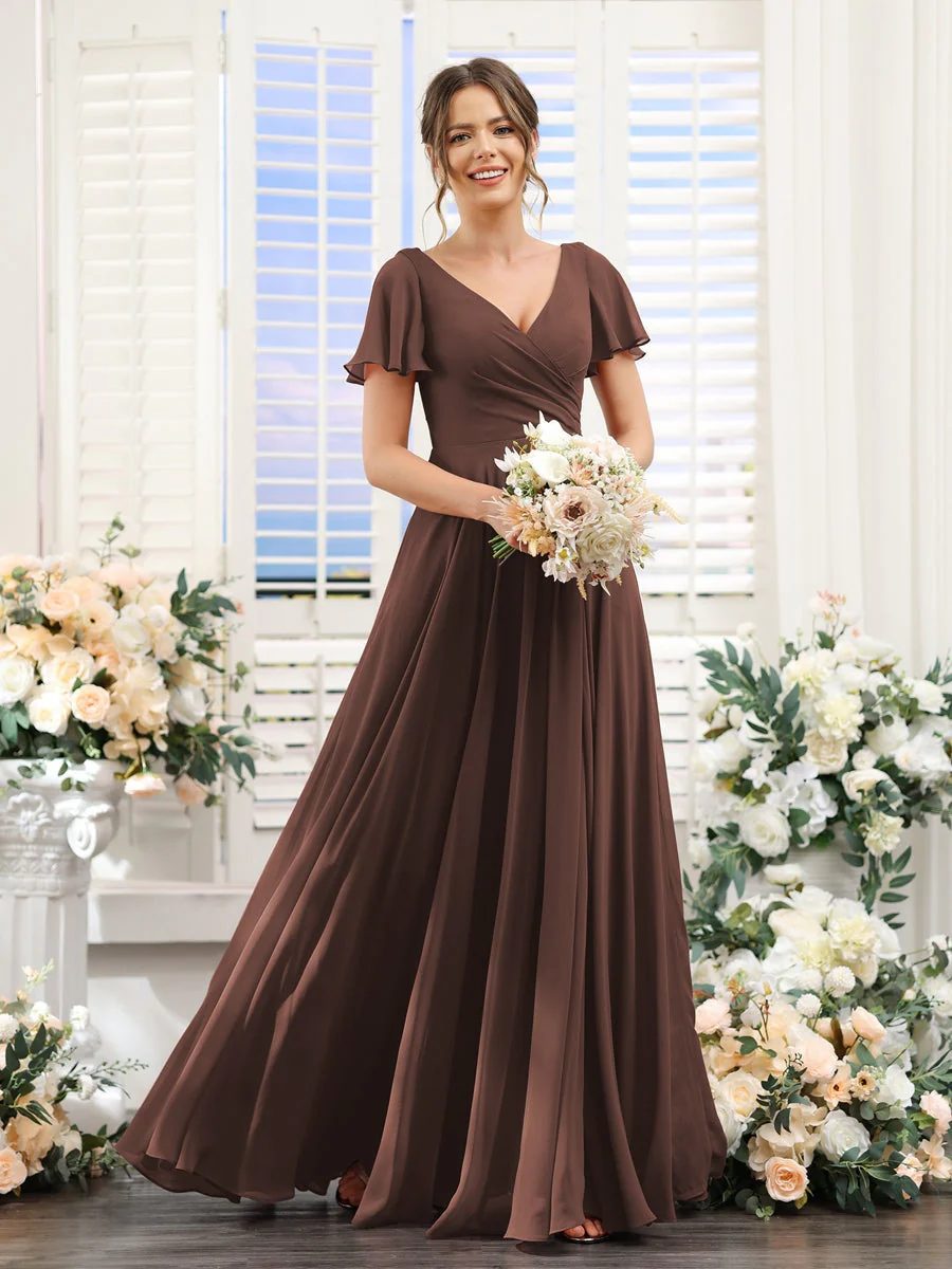 A-Line/Princess V-Neck Short Sleeves Bridesmaid Dresses with Split Side & Ruched - Image 77