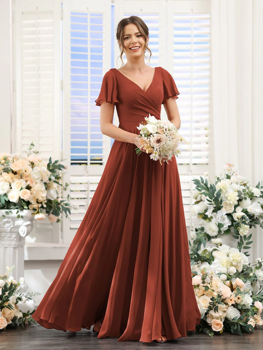 A-Line/Princess V-Neck Short Sleeves Bridesmaid Dresses with Split Side & Ruched - Image 79