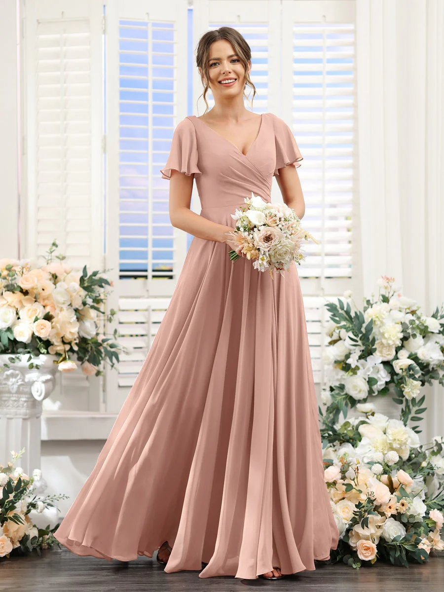 A-Line/Princess V-Neck Short Sleeves Bridesmaid Dresses with Split Side & Ruched - Image 8