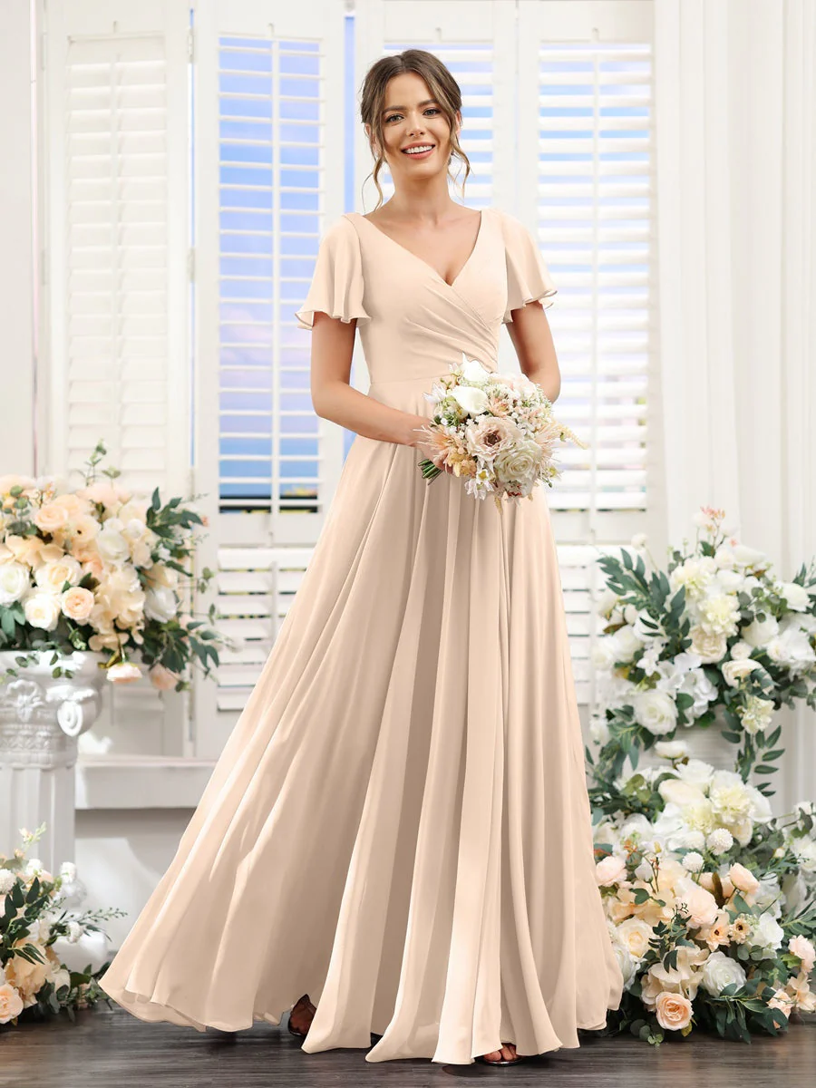 A-Line/Princess V-Neck Short Sleeves Bridesmaid Dresses with Split Side & Ruched - Image 80