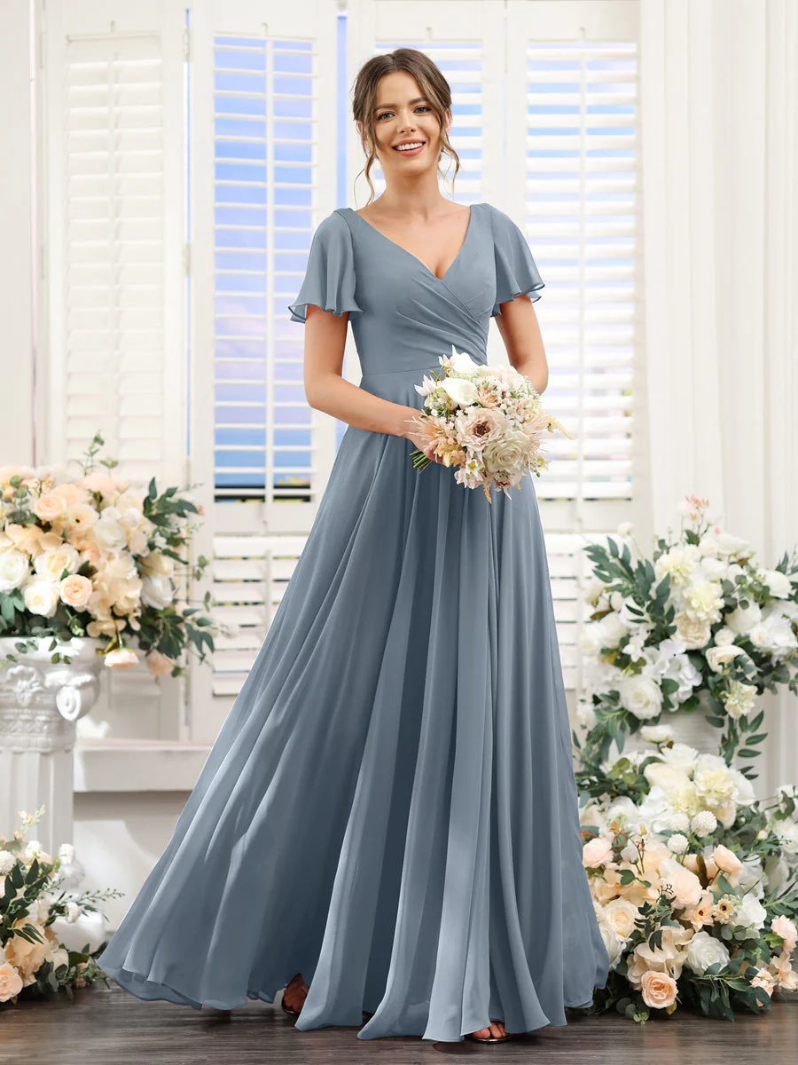 A-Line/Princess V-Neck Short Sleeves Bridesmaid Dresses with Split Side & Ruched - Image 9