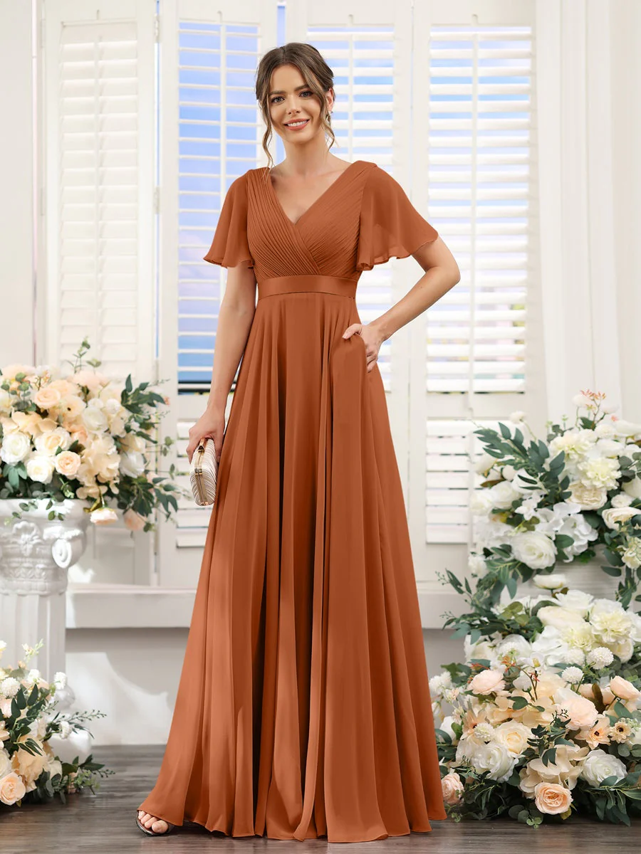 A-Line/Princess V-Neck Short Sleeves Chiffon Bridesmaid Dresses with Pockets - Image 10