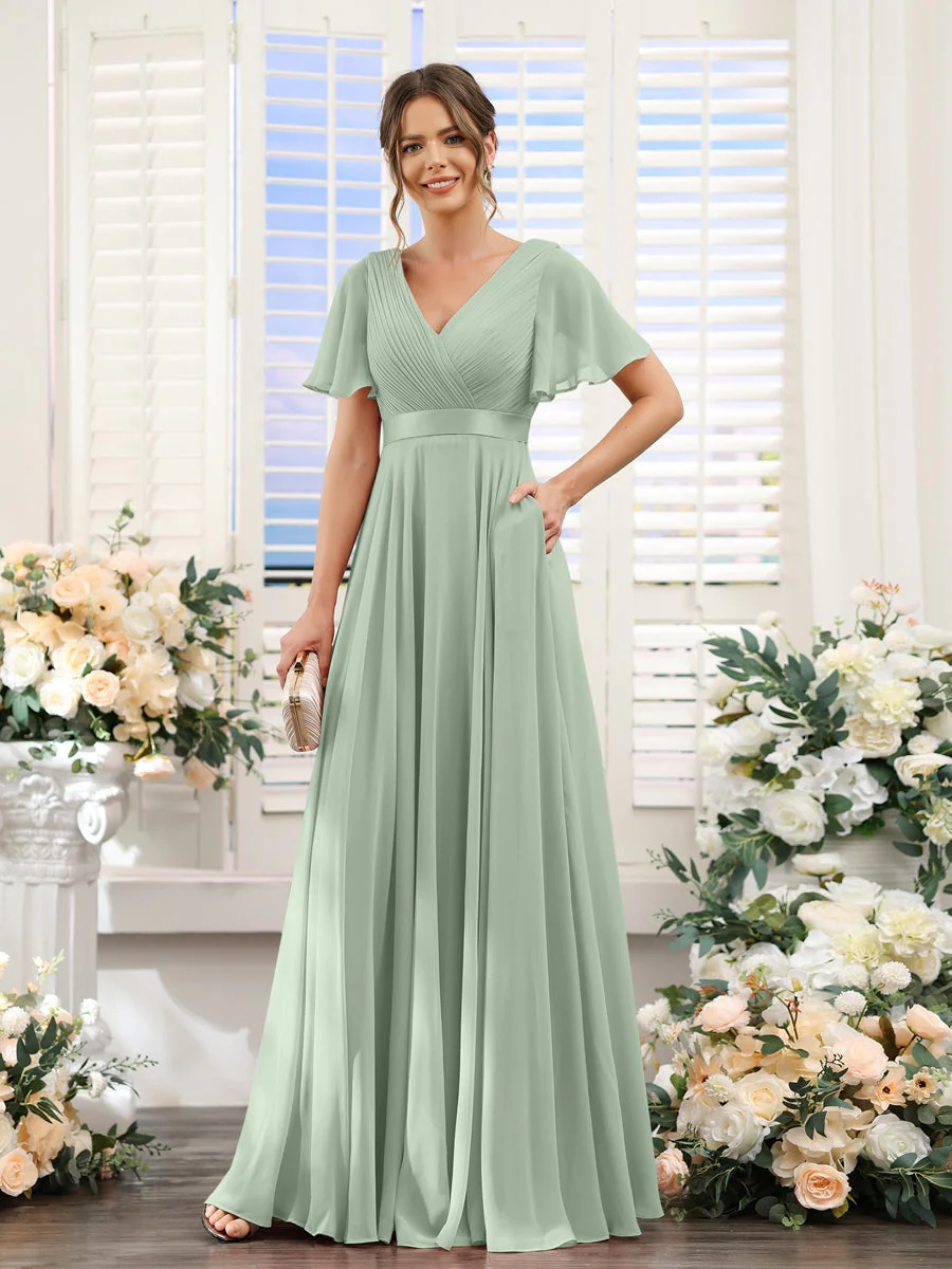 A-Line/Princess V-Neck Short Sleeves Chiffon Bridesmaid Dresses with Pockets - Image 11
