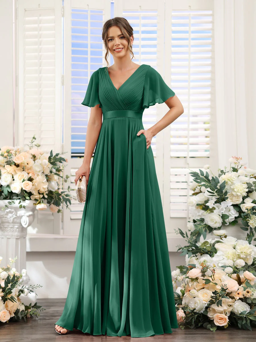 A-Line/Princess V-Neck Short Sleeves Chiffon Bridesmaid Dresses with Pockets - Image 12