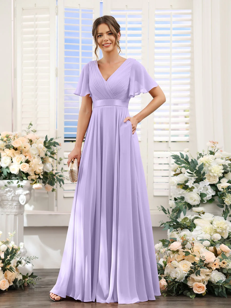 A-Line/Princess V-Neck Short Sleeves Chiffon Bridesmaid Dresses with Pockets - Image 15