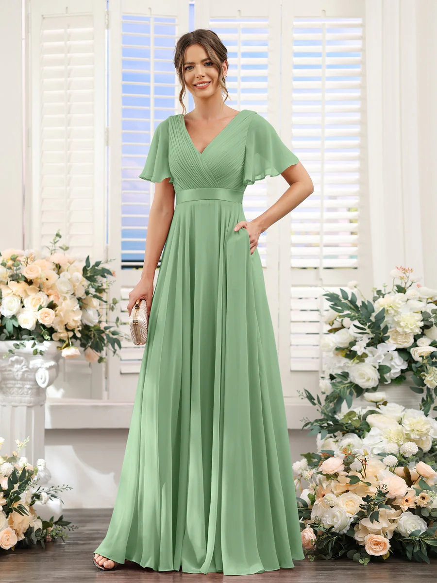 A-Line/Princess V-Neck Short Sleeves Chiffon Bridesmaid Dresses with Pockets - Image 17