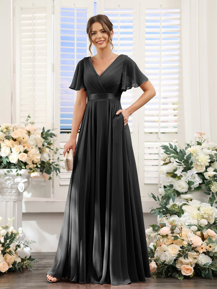 A-Line/Princess V-Neck Short Sleeves Chiffon Bridesmaid Dresses with Pockets - Image 19