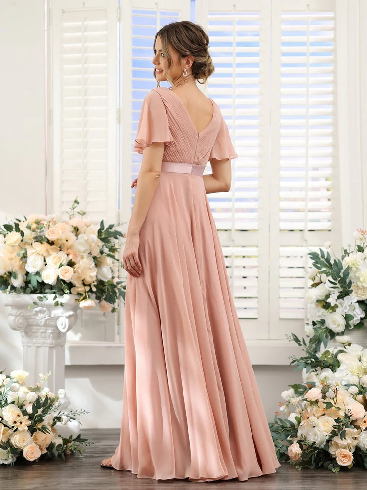 A-Line/Princess V-Neck Short Sleeves Chiffon Bridesmaid Dresses with Pockets - Image 2