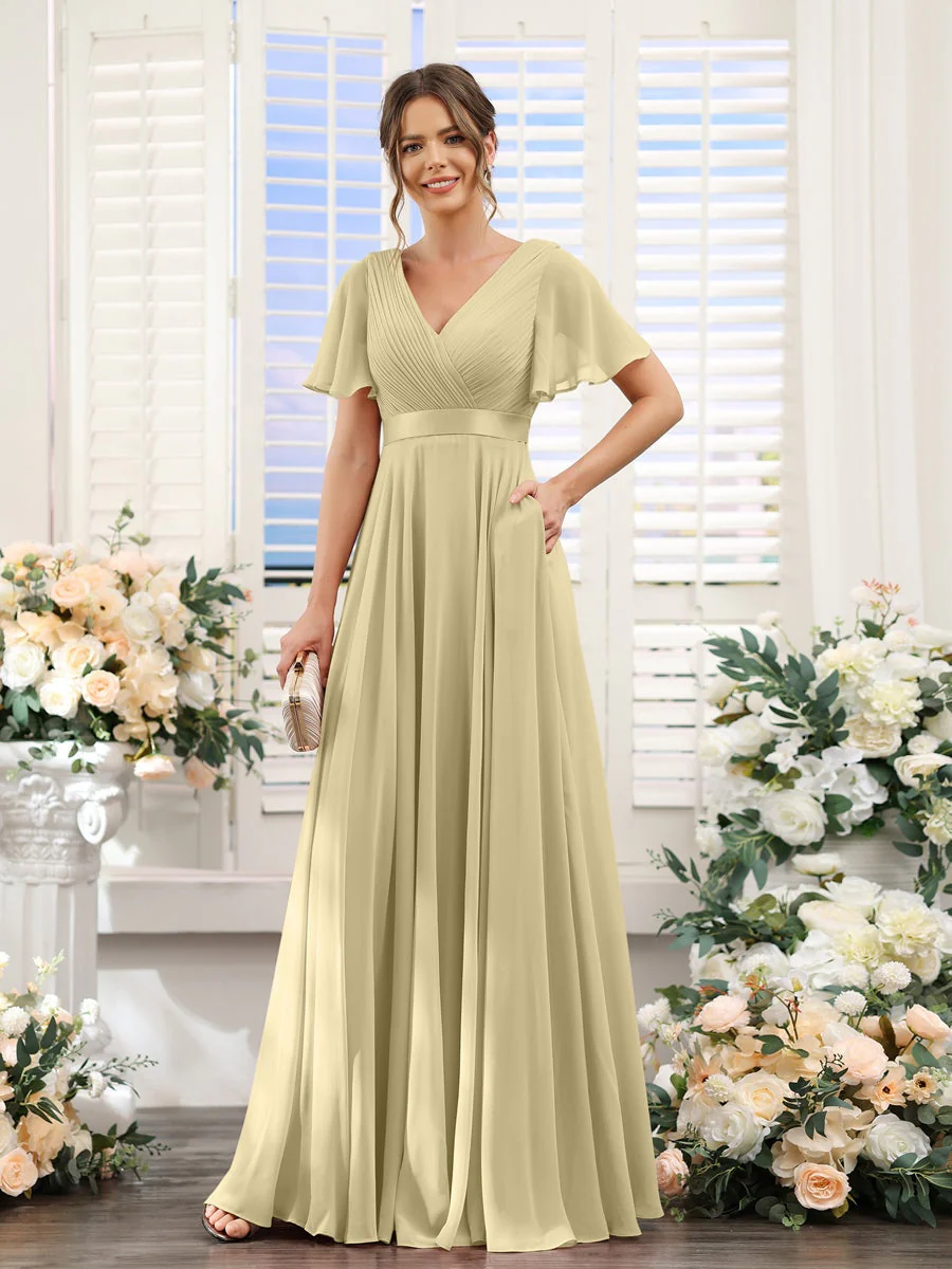 A-Line/Princess V-Neck Short Sleeves Chiffon Bridesmaid Dresses with Pockets - Image 25