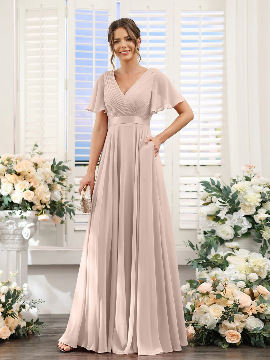 A-Line/Princess V-Neck Short Sleeves Chiffon Bridesmaid Dresses with Pockets - Image 29