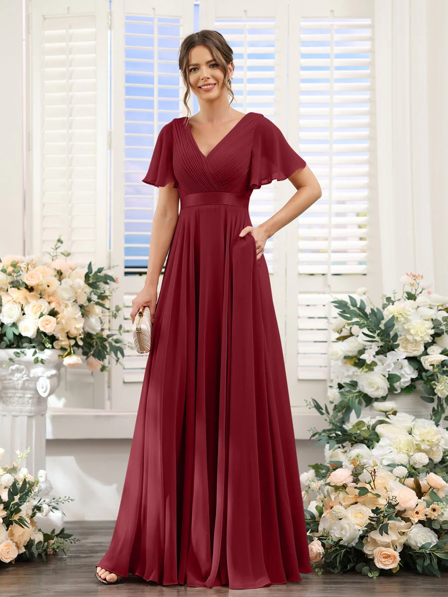 A-Line/Princess V-Neck Short Sleeves Chiffon Bridesmaid Dresses with Pockets - Image 38