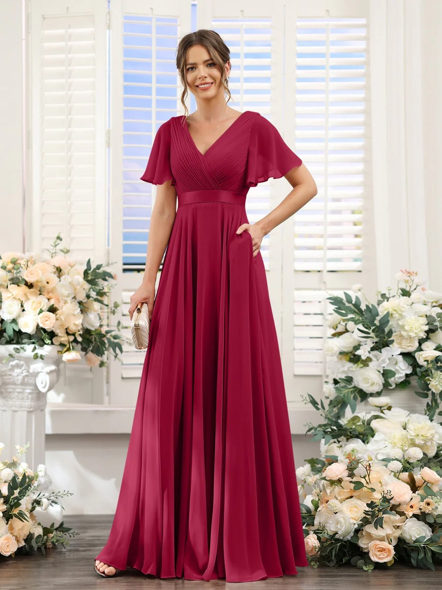 A-Line/Princess V-Neck Short Sleeves Chiffon Bridesmaid Dresses with Pockets - Image 39