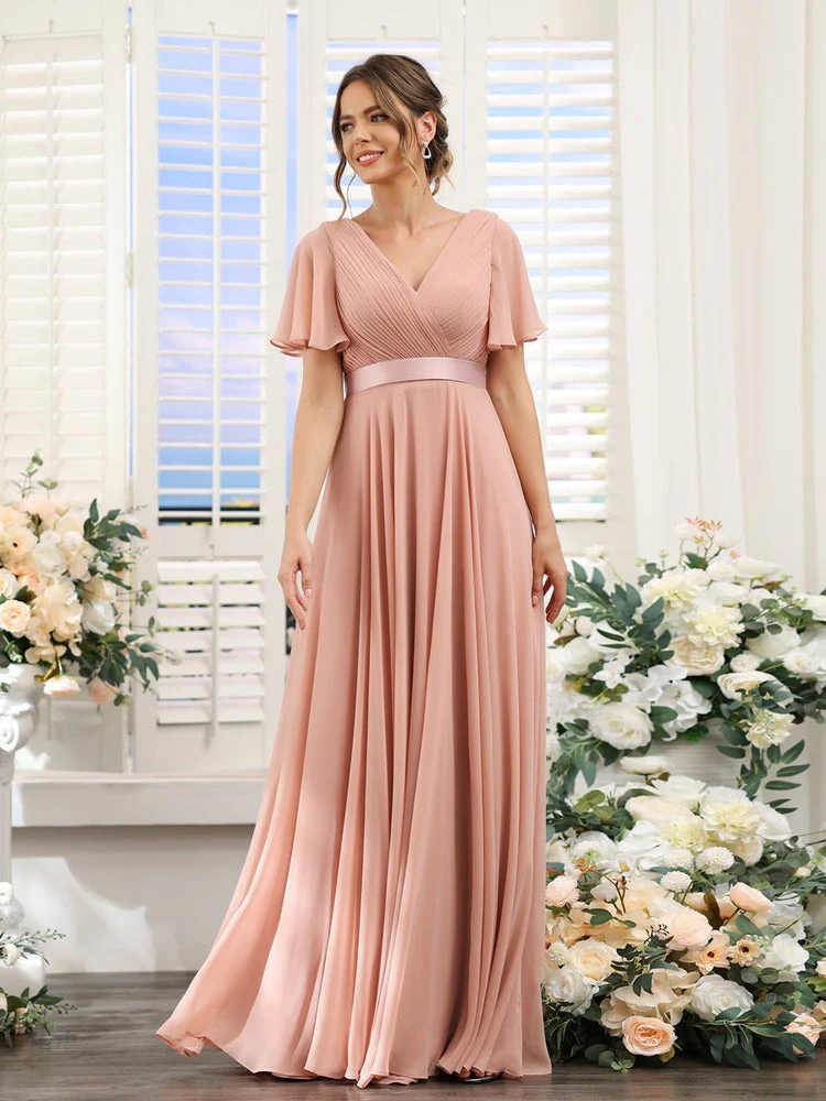 A-Line/Princess V-Neck Short Sleeves Chiffon Bridesmaid Dresses with Pockets - Image 4