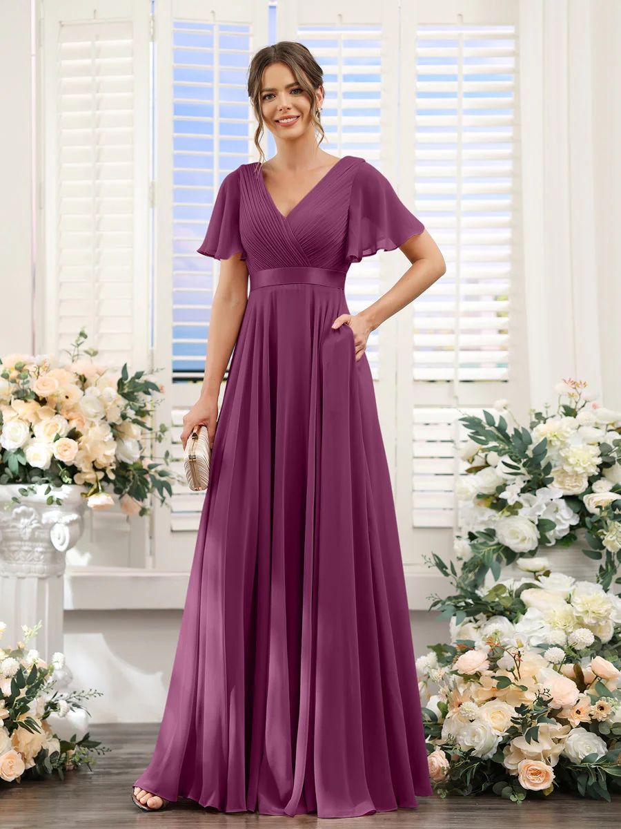 A-Line/Princess V-Neck Short Sleeves Chiffon Bridesmaid Dresses with Pockets - Image 45