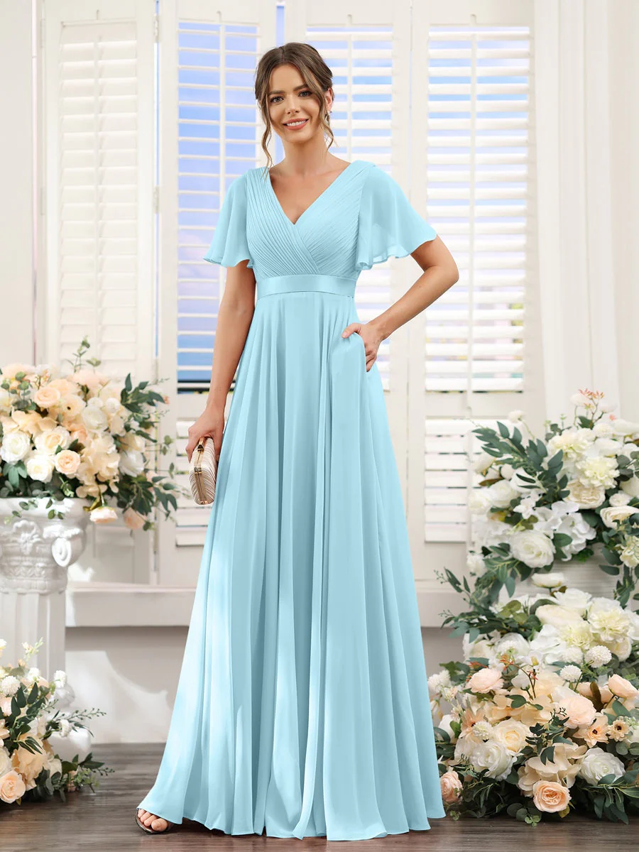 A-Line/Princess V-Neck Short Sleeves Chiffon Bridesmaid Dresses with Pockets - Image 50