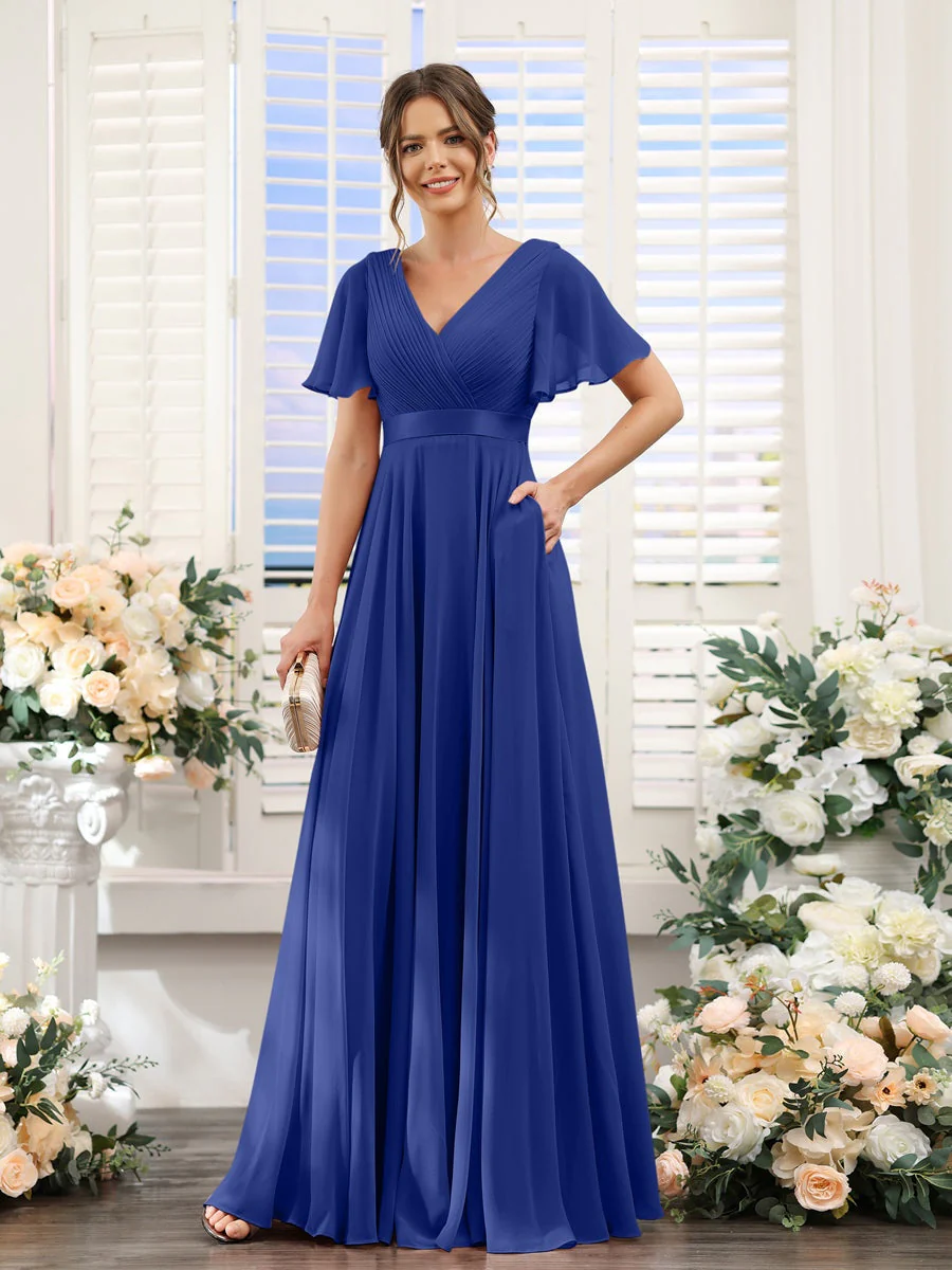 A-Line/Princess V-Neck Short Sleeves Chiffon Bridesmaid Dresses with Pockets - Image 57