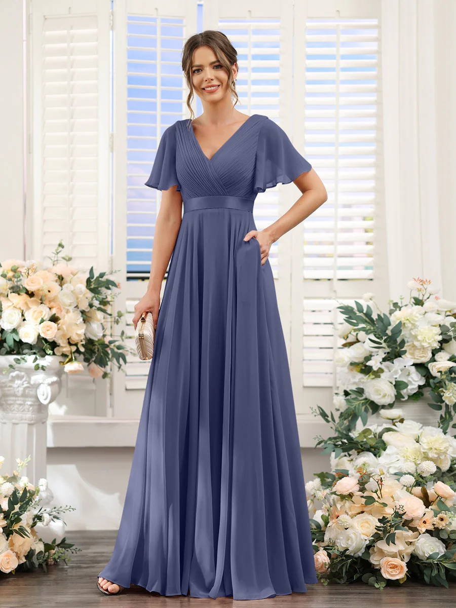 A-Line/Princess V-Neck Short Sleeves Chiffon Bridesmaid Dresses with Pockets - Image 58