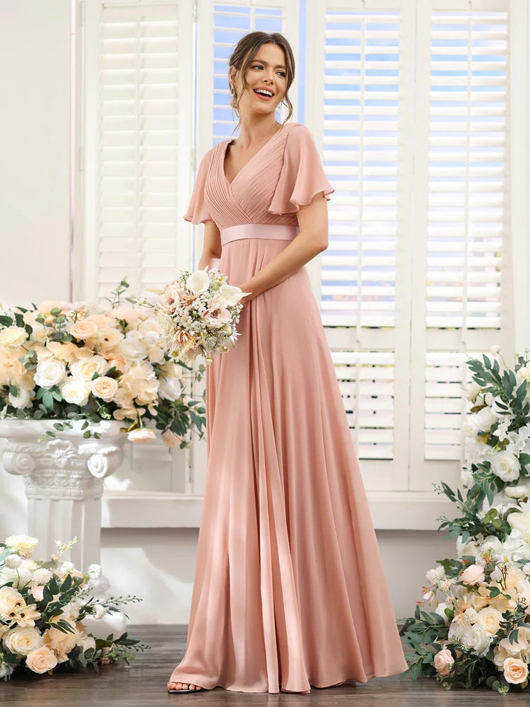 A-Line/Princess V-Neck Short Sleeves Chiffon Bridesmaid Dresses with Pockets - Image 6