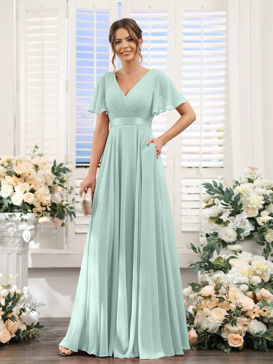A-Line/Princess V-Neck Short Sleeves Chiffon Bridesmaid Dresses with Pockets - Image 61