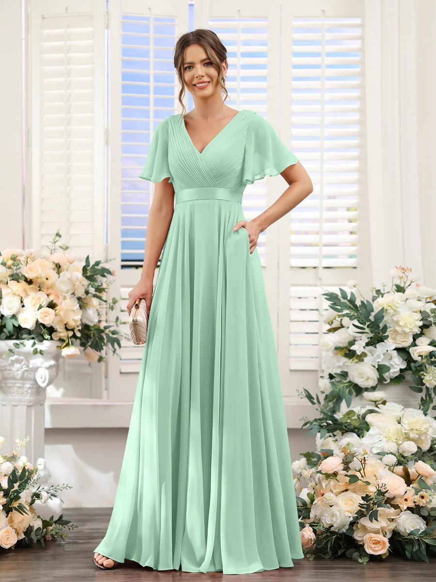 A-Line/Princess V-Neck Short Sleeves Chiffon Bridesmaid Dresses with Pockets - Image 62