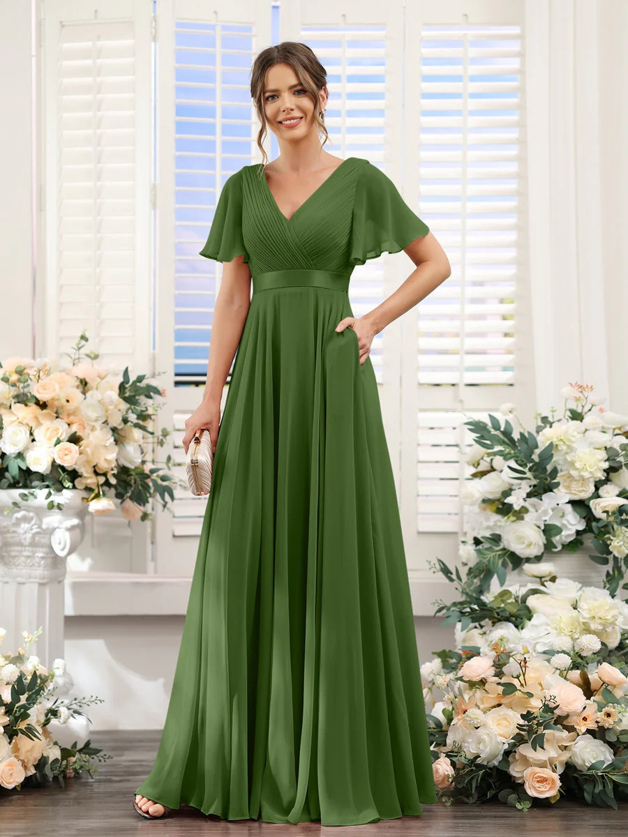 A-Line/Princess V-Neck Short Sleeves Chiffon Bridesmaid Dresses with Pockets - Image 66