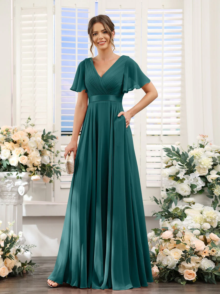 A-Line/Princess V-Neck Short Sleeves Chiffon Bridesmaid Dresses with Pockets - Image 67