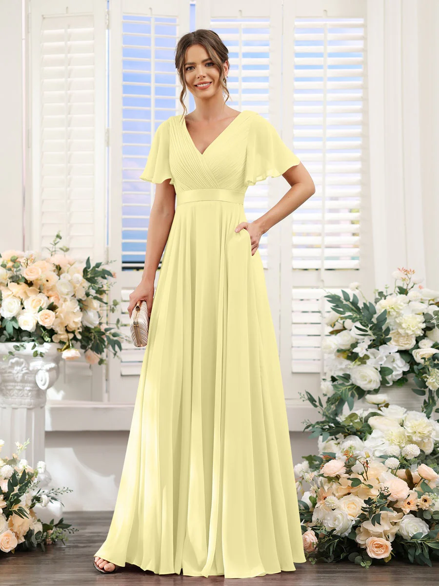 A-Line/Princess V-Neck Short Sleeves Chiffon Bridesmaid Dresses with Pockets - Image 70