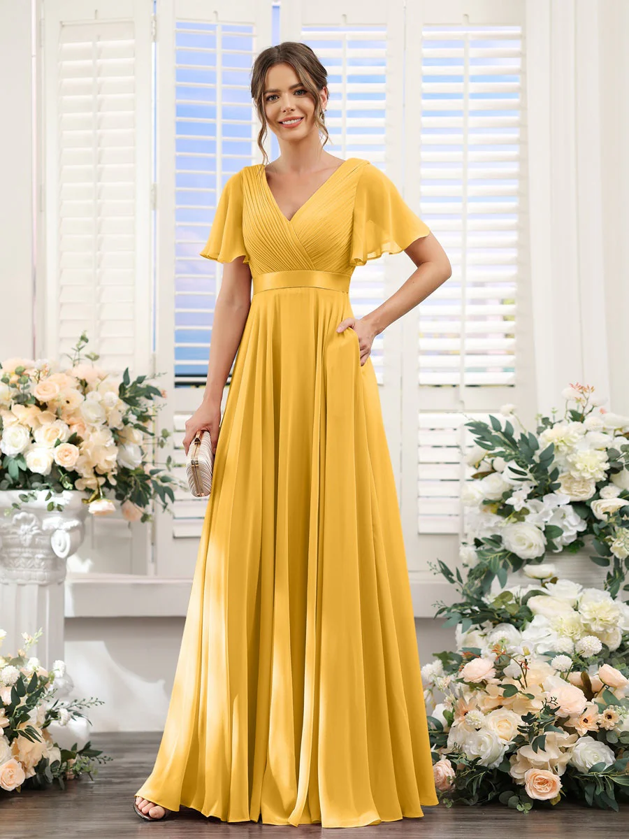 A-Line/Princess V-Neck Short Sleeves Chiffon Bridesmaid Dresses with Pockets - Image 71