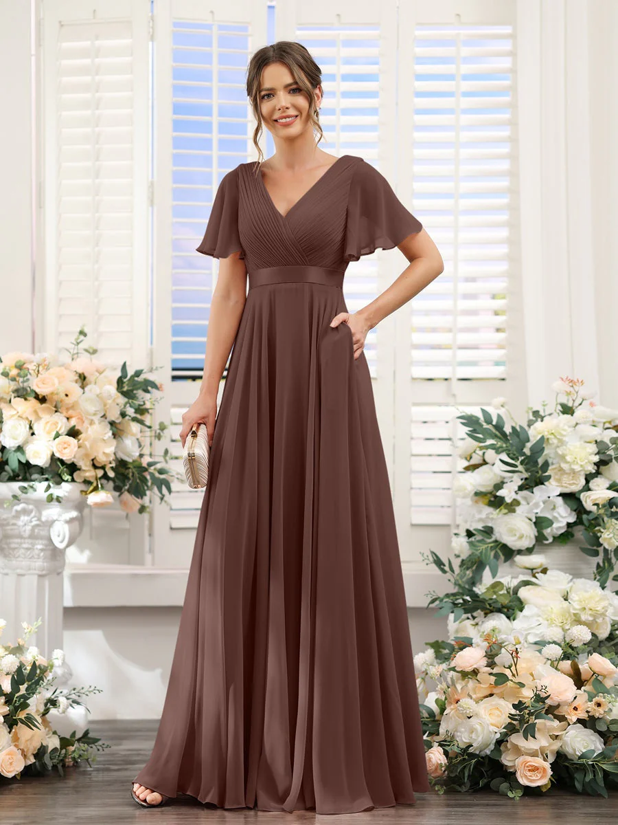 A-Line/Princess V-Neck Short Sleeves Chiffon Bridesmaid Dresses with Pockets - Image 77