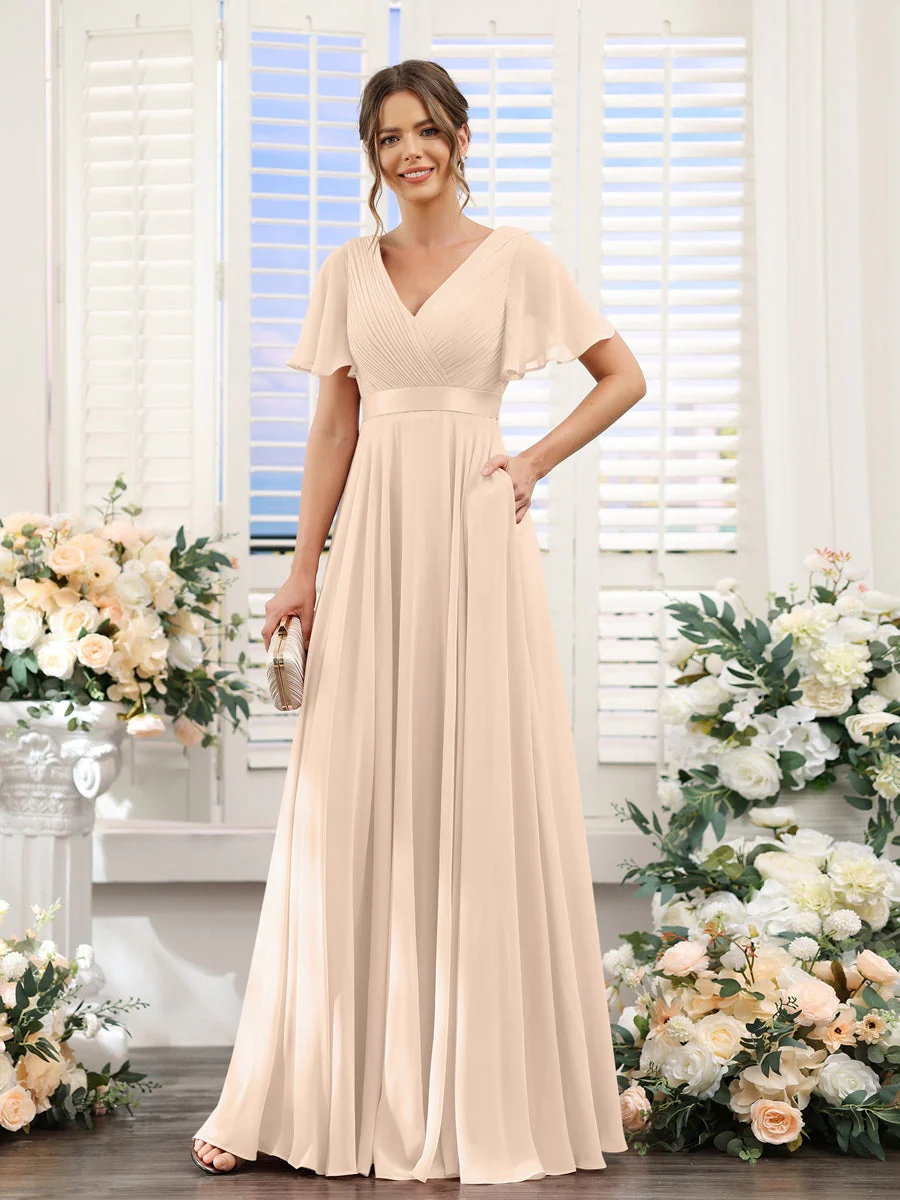 A-Line/Princess V-Neck Short Sleeves Chiffon Bridesmaid Dresses with Pockets - Image 80