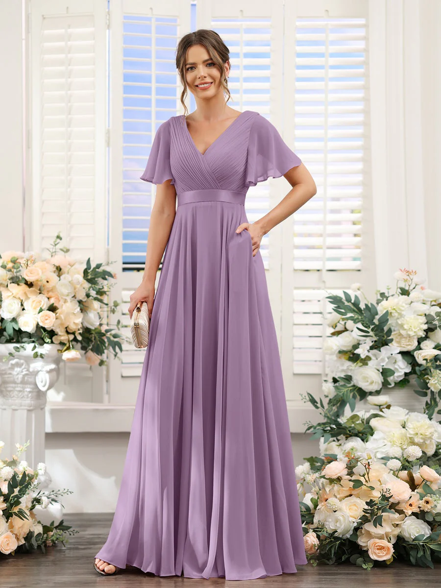 A-Line/Princess V-Neck Short Sleeves Chiffon Bridesmaid Dresses with Pockets - Image 82