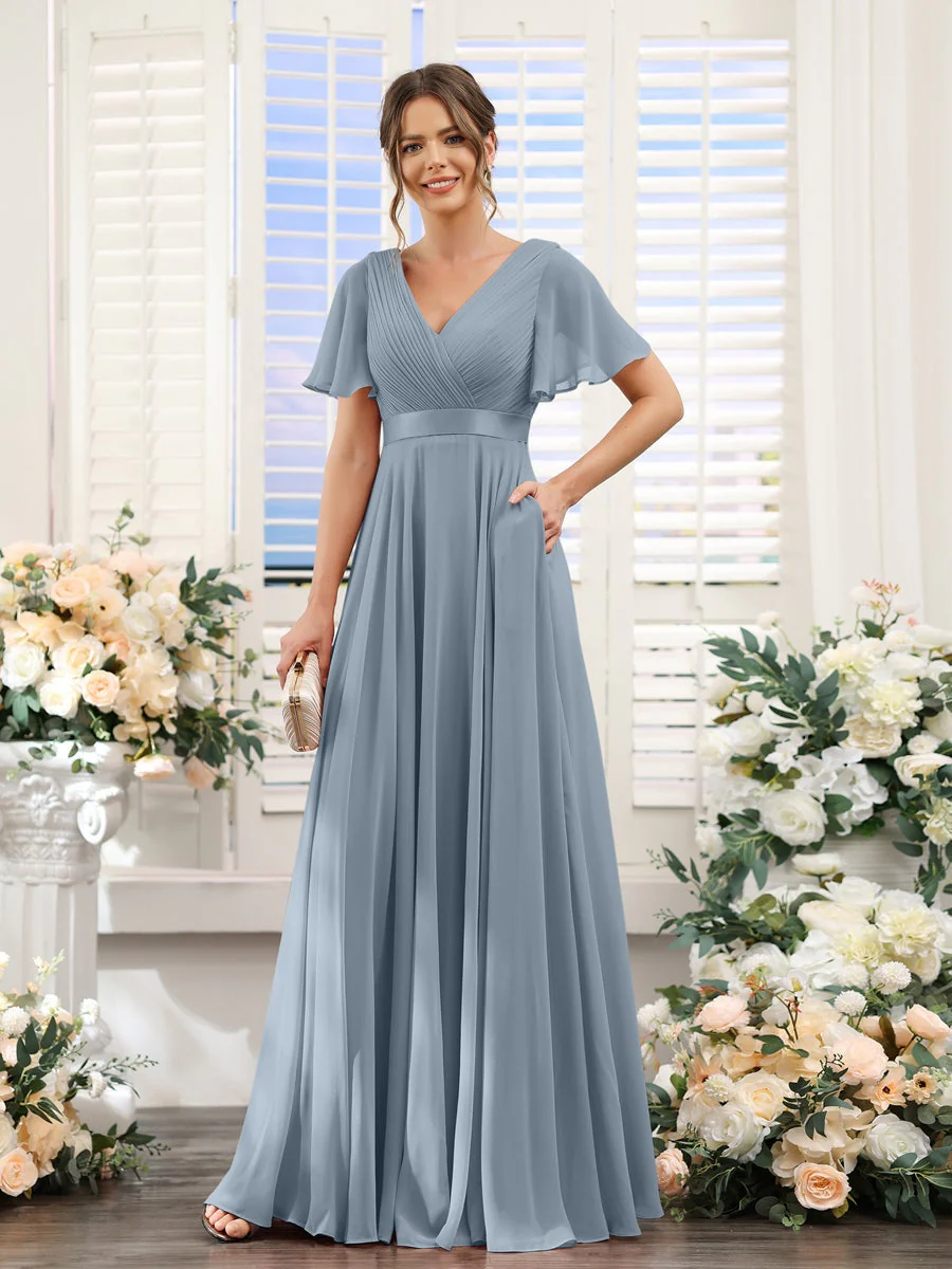 A-Line/Princess V-Neck Short Sleeves Chiffon Bridesmaid Dresses with Pockets - Image 9