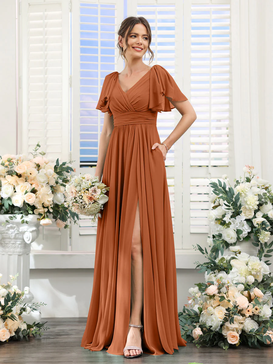 A-Line/Princess V-Neck Short Sleeves Chiffon Bridesmaid Dresses with Split Side & Pockets - Image 10
