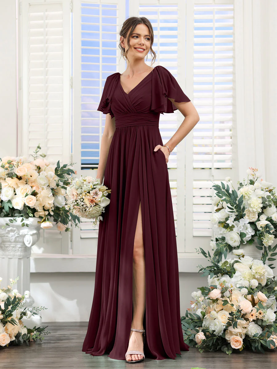 A-Line/Princess V-Neck Short Sleeves Chiffon Bridesmaid Dresses with Split Side & Pockets - Image 13