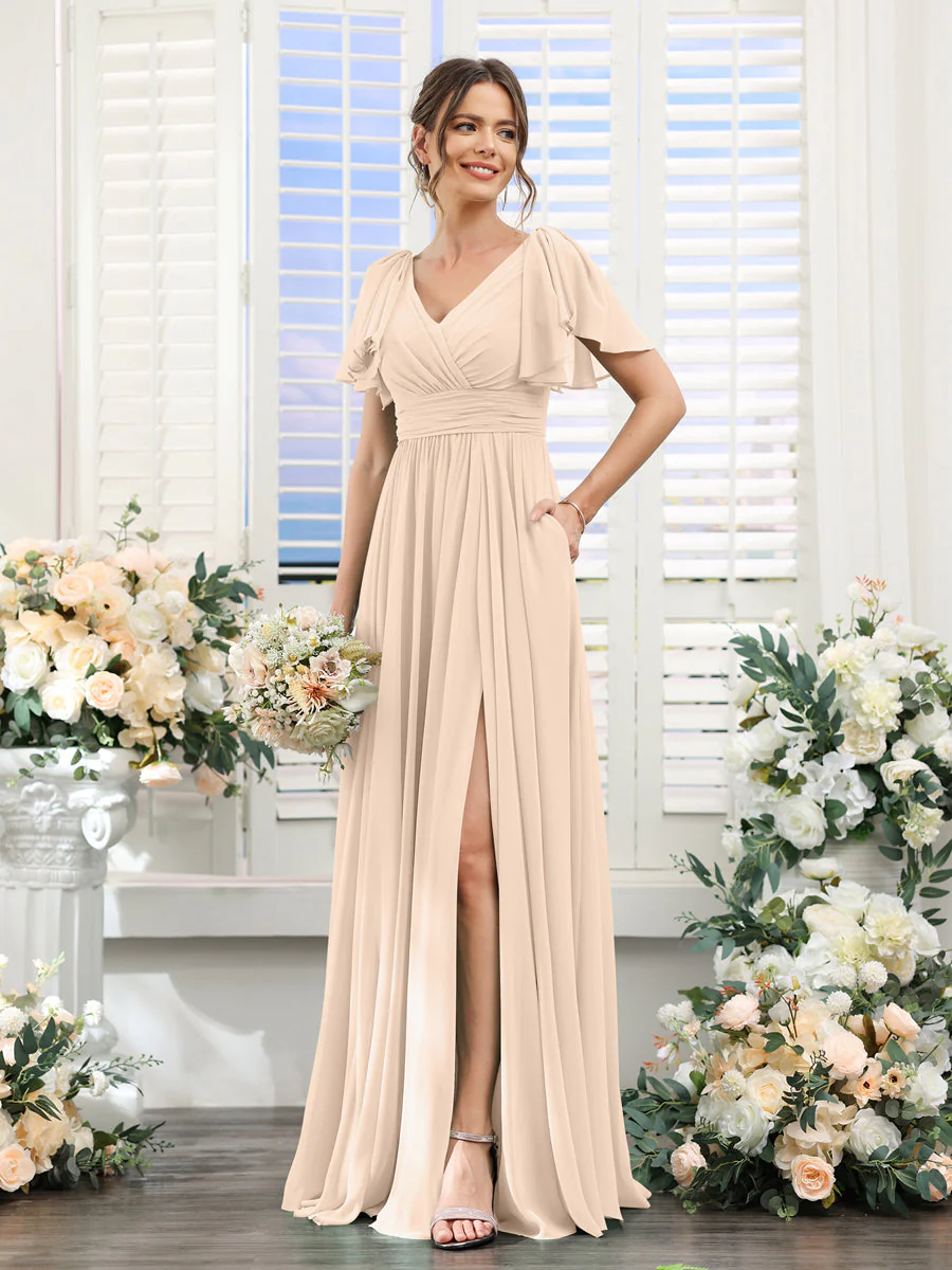 A-Line/Princess V-Neck Short Sleeves Chiffon Bridesmaid Dresses with Split Side & Pockets - Image 24