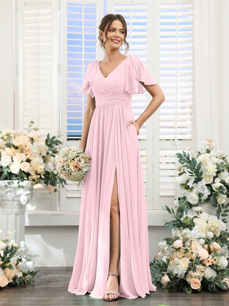A-Line/Princess V-Neck Short Sleeves Chiffon Bridesmaid Dresses with Split Side & Pockets - Image 26