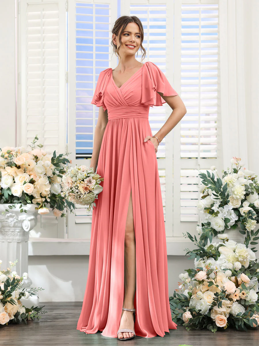 A-Line/Princess V-Neck Short Sleeves Chiffon Bridesmaid Dresses with Split Side & Pockets - Image 33
