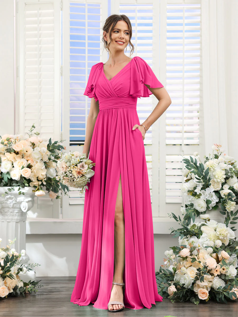 A-Line/Princess V-Neck Short Sleeves Chiffon Bridesmaid Dresses with Split Side & Pockets - Image 34
