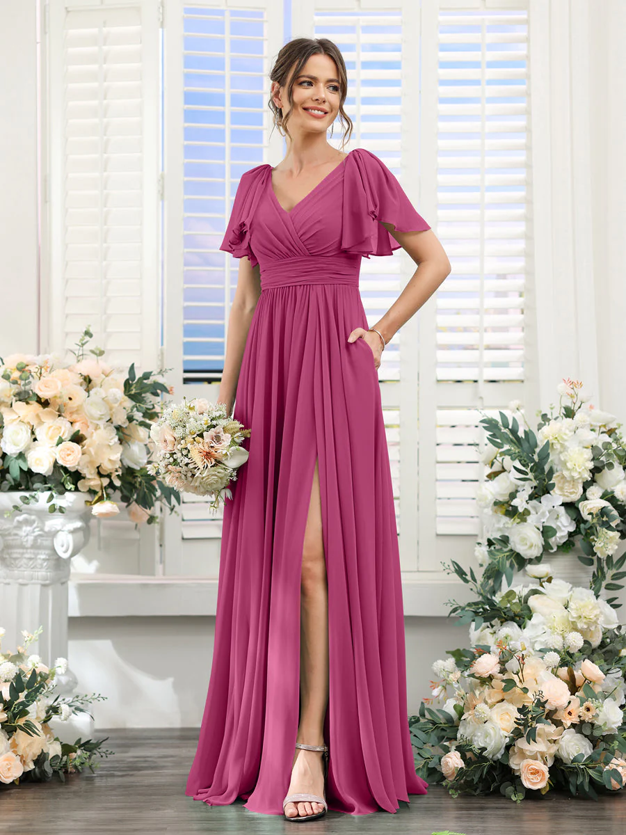 A-Line/Princess V-Neck Short Sleeves Chiffon Bridesmaid Dresses with Split Side & Pockets - Image 36