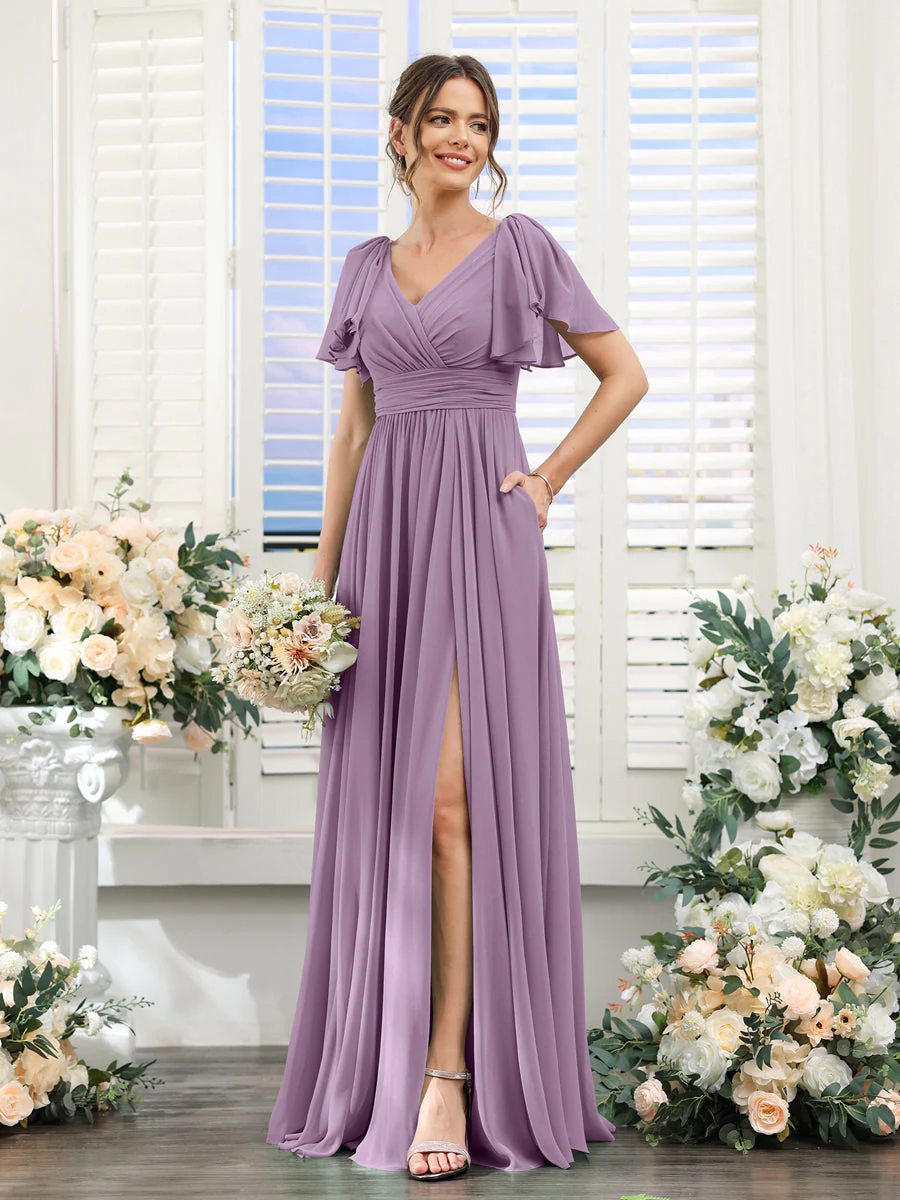 A-Line/Princess V-Neck Short Sleeves Chiffon Bridesmaid Dresses with Split Side & Pockets - Image 41