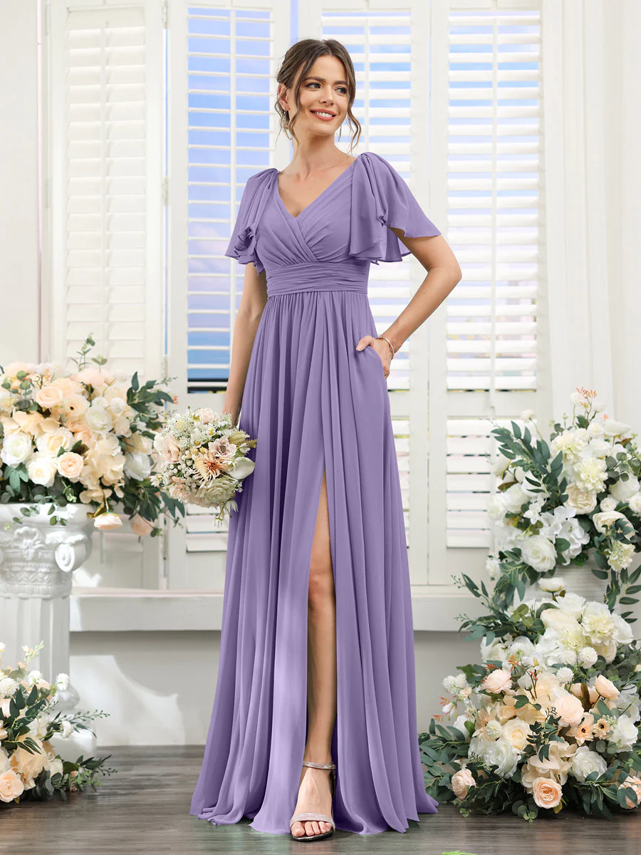 A-Line/Princess V-Neck Short Sleeves Chiffon Bridesmaid Dresses with Split Side & Pockets - Image 42