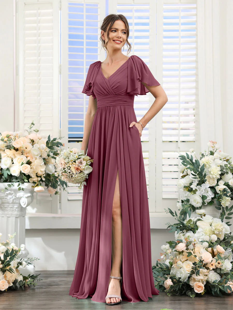 A-Line/Princess V-Neck Short Sleeves Chiffon Bridesmaid Dresses with Split Side & Pockets - Image 44