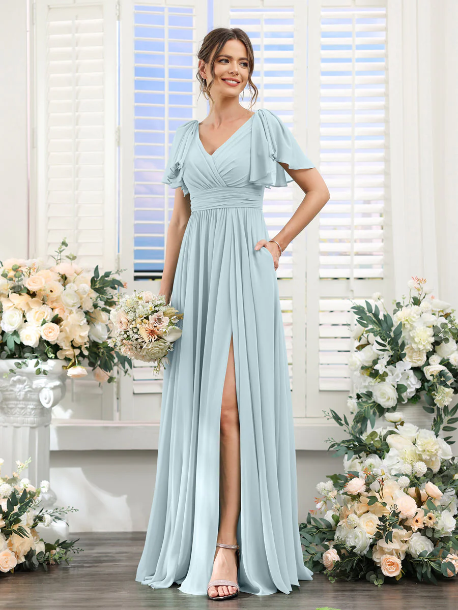 A-Line/Princess V-Neck Short Sleeves Chiffon Bridesmaid Dresses with Split Side & Pockets - Image 48