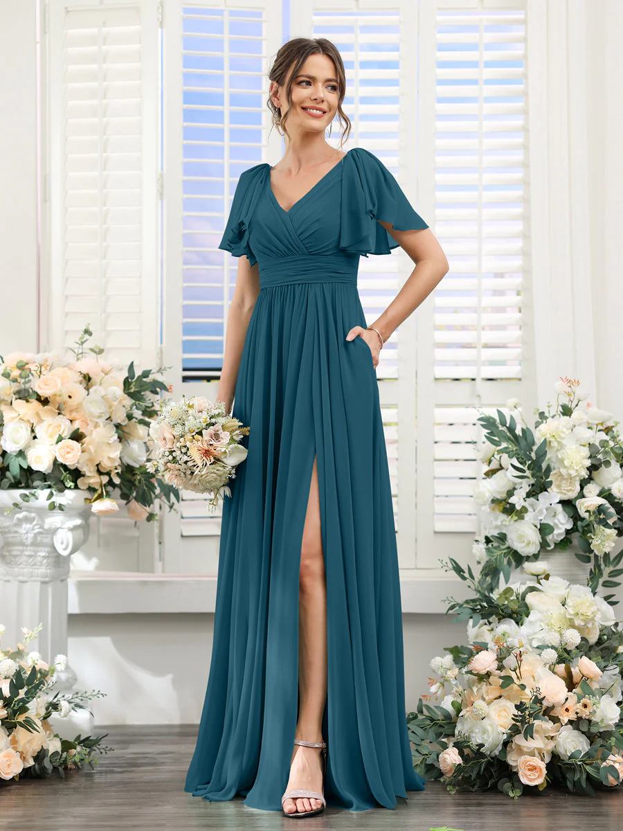 A-Line/Princess V-Neck Short Sleeves Chiffon Bridesmaid Dresses with Split Side & Pockets - Image 59
