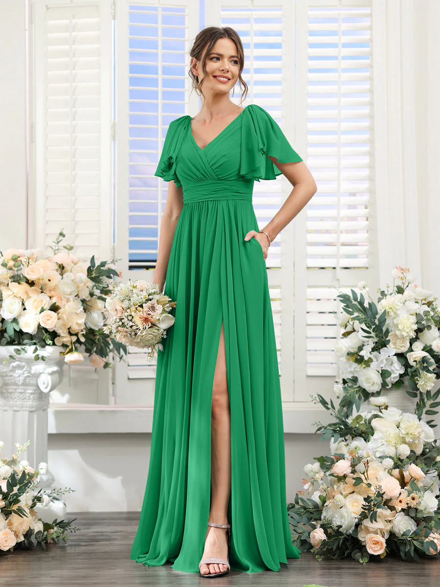 A-Line/Princess V-Neck Short Sleeves Chiffon Bridesmaid Dresses with Split Side & Pockets - Image 65